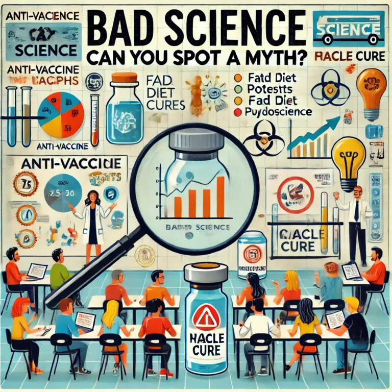 DALL·E 2025-01-21 15.24.57 - An educational workshop poster titled 'Bad Science_ Can You Spot a Myth_' showcasing a modern science classroom setting. The visual features elements